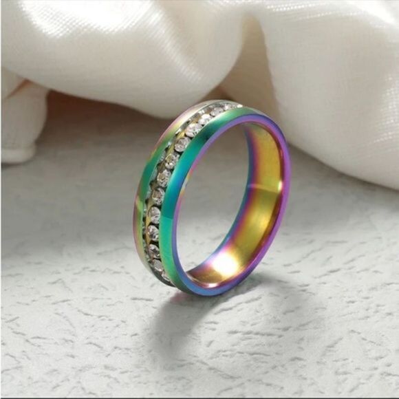 Gold Silver Rainbow Black Zirconia Embellished Rings Stainless Steel NEW BOXED - Picture 5 of 5